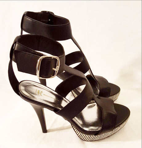 INC Black Leather Heel with Striped Platform-New