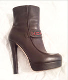 Brown Gucci Athina Leather Horsebit High Heel Platform Ankle Bootie